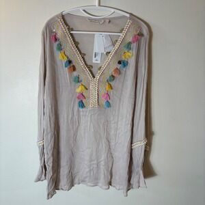 Soft Surroundings Clementine Tunic Natural Embroidered Tassel‎ V-Neck XL NWT